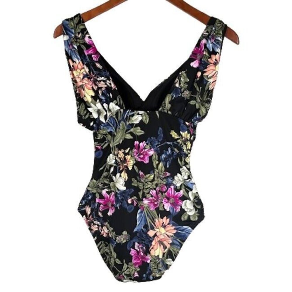 Time and Tru NEW One Piece Swimsuit S Black with Pink Blue Yellow Floral NWT - Picture 3 of 8